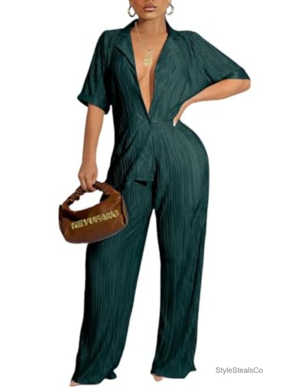 Women Pleated 2 Piece Outfit Short Sleeve Shirt Wide Leg Pants Set